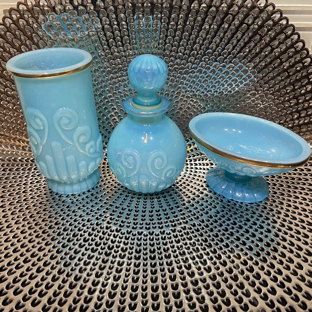 Vintage Avon Baby Blue Glass Vanity Set